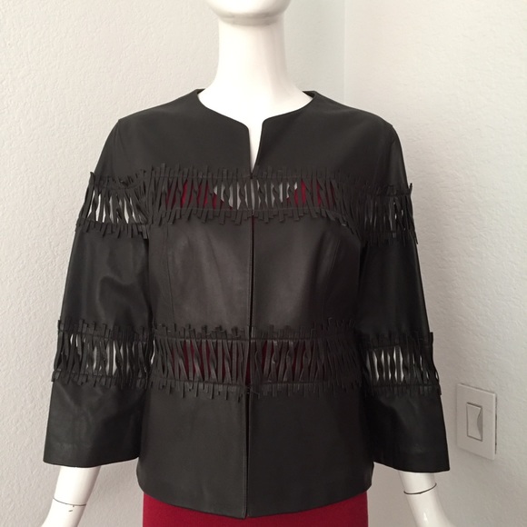 lafayette 148 woven insert crew neck brown leather jacket - Picture 4 of 12